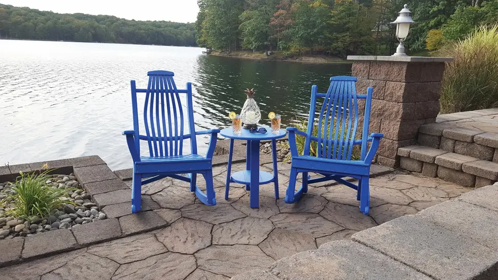 Blue-Polywood-Rocking-Chairs-by-Lakeside-Patio-with-Matching-Table